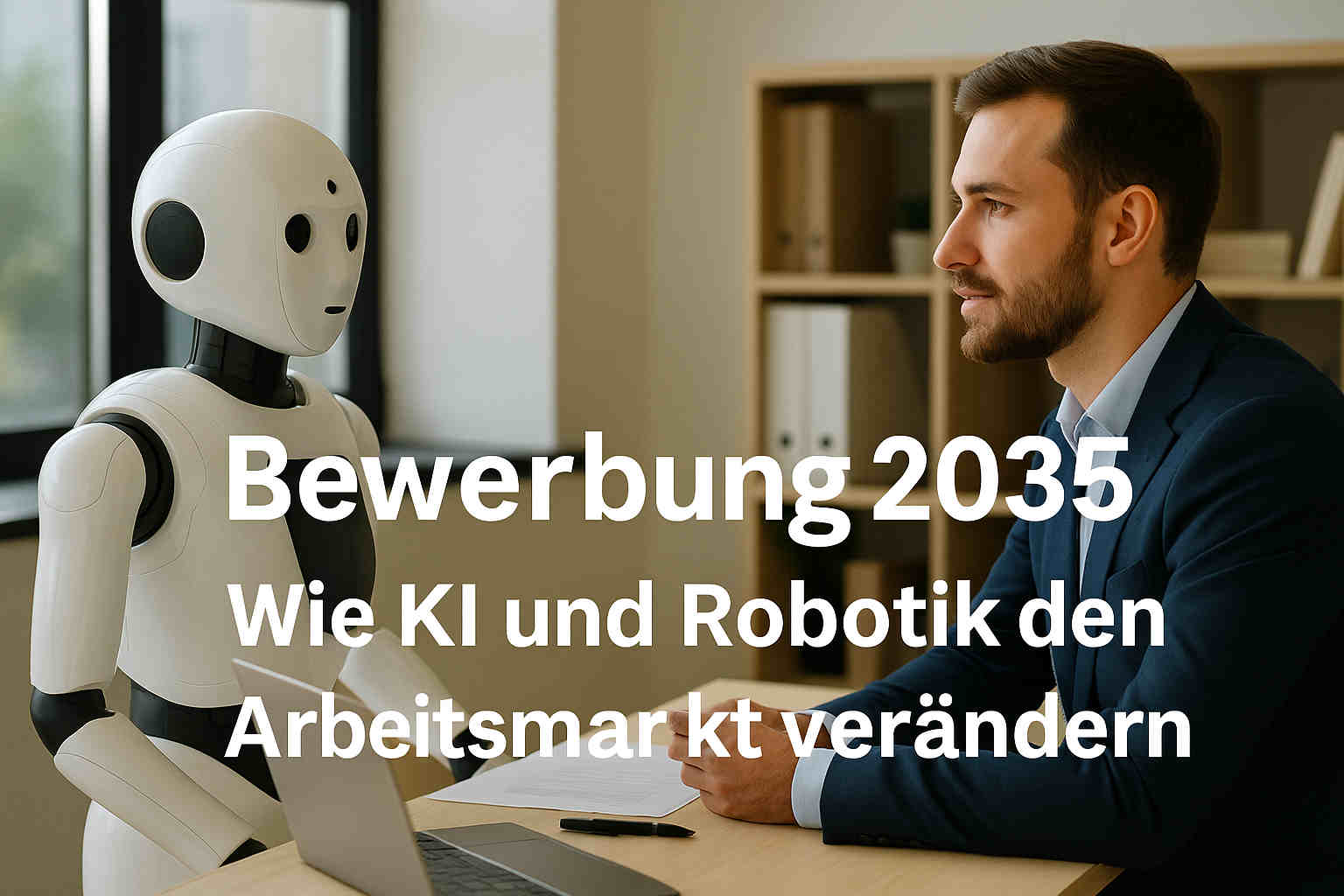 Ein moderner Arbeitsplatz mit Mensch und KI im Austausch, Symbol für die Zukunft der Arbeit und den Wandel durch Automatisierung.
